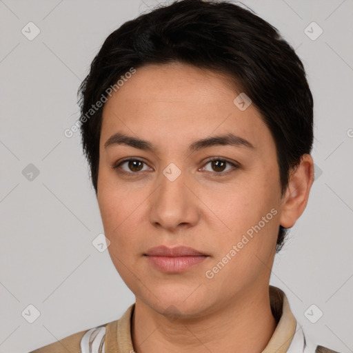 Neutral white young-adult female with short  brown hair and brown eyes