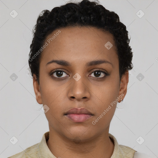 Neutral latino young-adult female with short  black hair and brown eyes