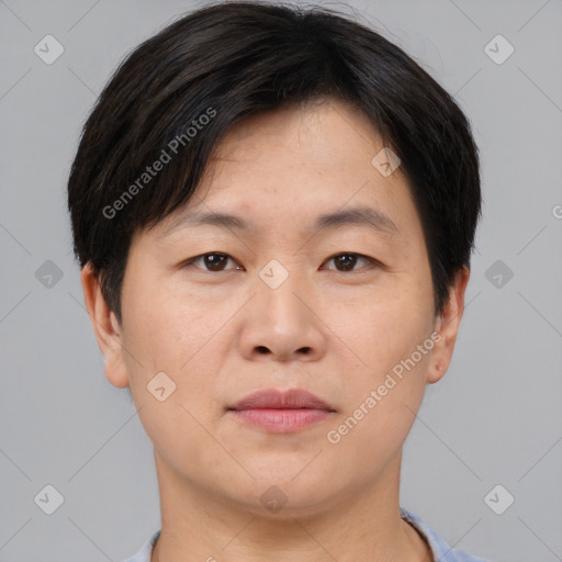 Neutral asian adult male with short  brown hair and brown eyes