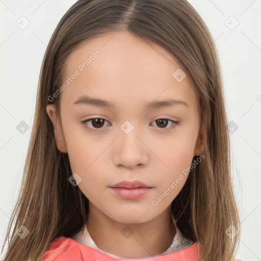 Neutral white child female with long  brown hair and brown eyes