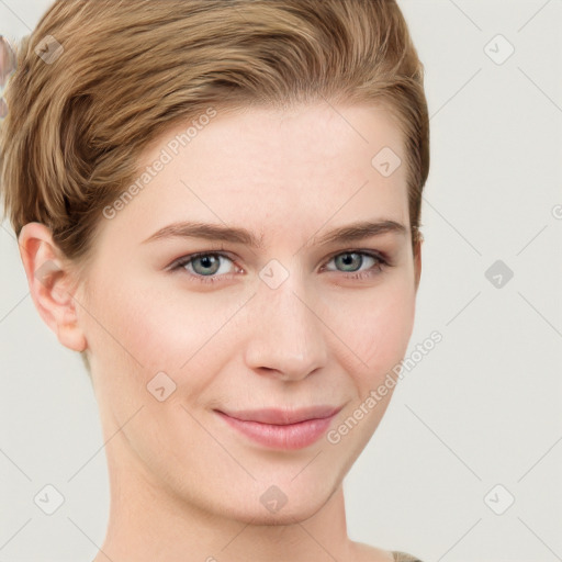 Joyful white young-adult female with short  brown hair and grey eyes