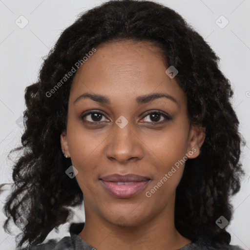 Joyful black young-adult female with medium  black hair and brown eyes