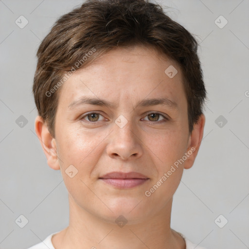 Joyful white young-adult female with short  brown hair and brown eyes