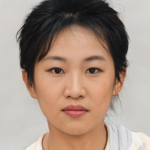 Neutral asian young-adult female with medium  brown hair and brown eyes