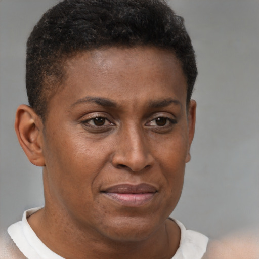 Joyful black young-adult male with short  brown hair and brown eyes