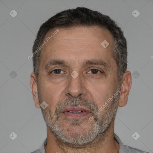 Neutral white middle-aged male with short  brown hair and brown eyes