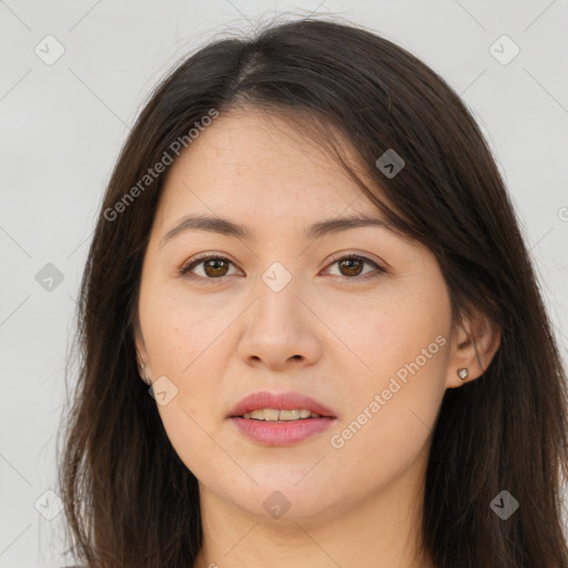 Joyful white young-adult female with long  brown hair and brown eyes