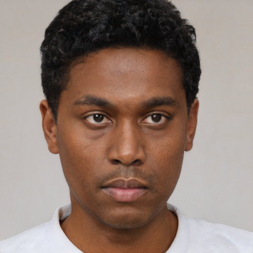 Neutral black young-adult male with short  black hair and brown eyes