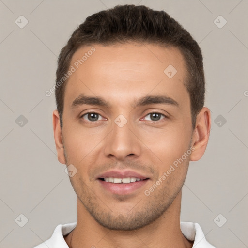 Joyful white young-adult male with short  brown hair and brown eyes