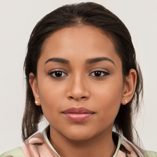 Neutral white young-adult female with medium  brown hair and brown eyes