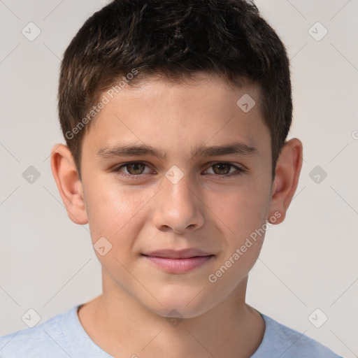 Joyful white child male with short  brown hair and brown eyes