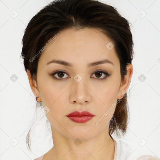 Neutral white young-adult female with medium  brown hair and brown eyes