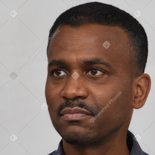 Neutral black young-adult male with short  black hair and brown eyes