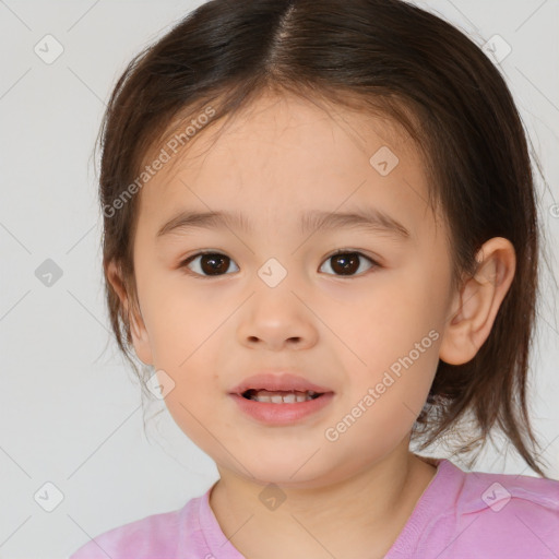 Joyful white child female with medium  brown hair and brown eyes