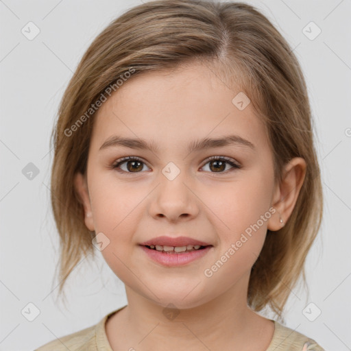 Joyful white child female with medium  brown hair and brown eyes