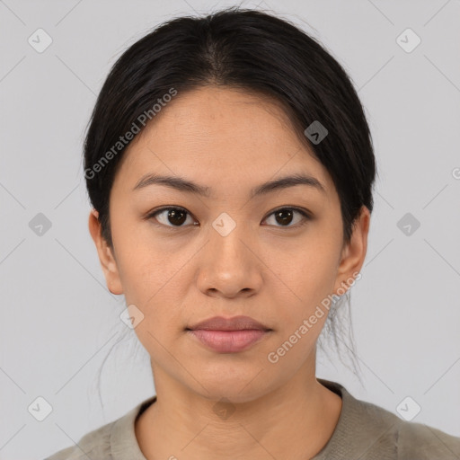 Joyful white young-adult female with short  black hair and brown eyes