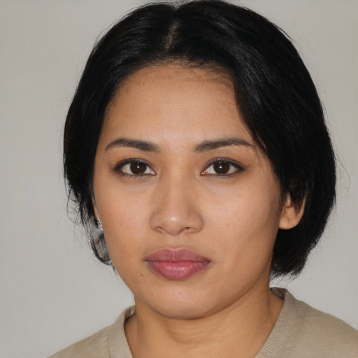 Neutral latino young-adult female with medium  black hair and brown eyes