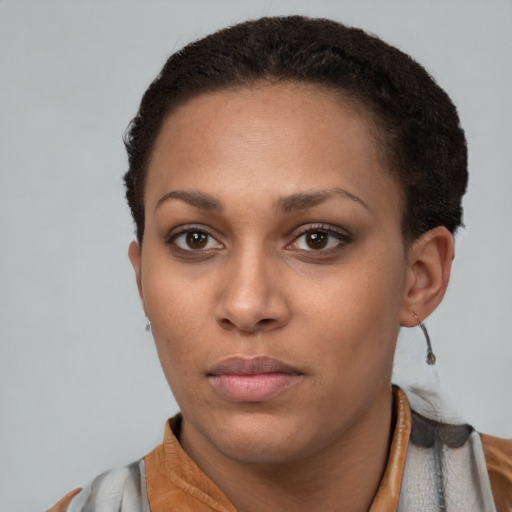 Neutral latino young-adult female with short  brown hair and brown eyes