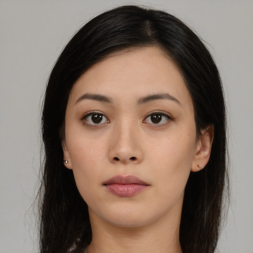 Neutral asian young-adult female with long  black hair and brown eyes