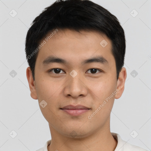 Neutral asian young-adult male with short  black hair and brown eyes