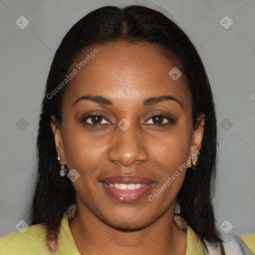 Joyful latino young-adult female with medium  brown hair and brown eyes