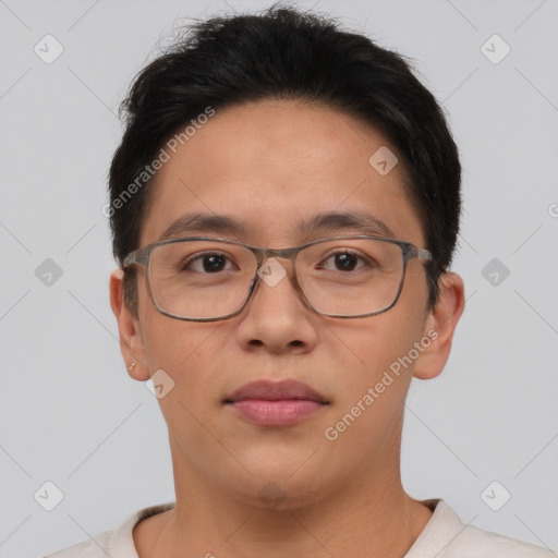 Neutral asian young-adult male with short  brown hair and brown eyes