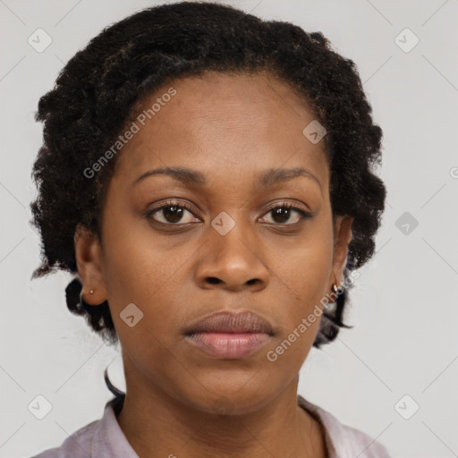 Neutral black young-adult female with short  brown hair and brown eyes