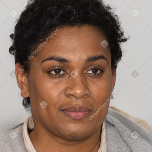 Joyful black adult female with short  brown hair and brown eyes