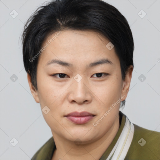 Joyful asian young-adult female with short  brown hair and brown eyes