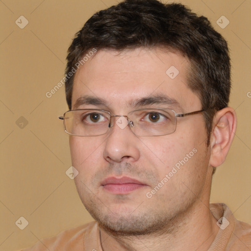 Neutral white young-adult male with short  brown hair and brown eyes