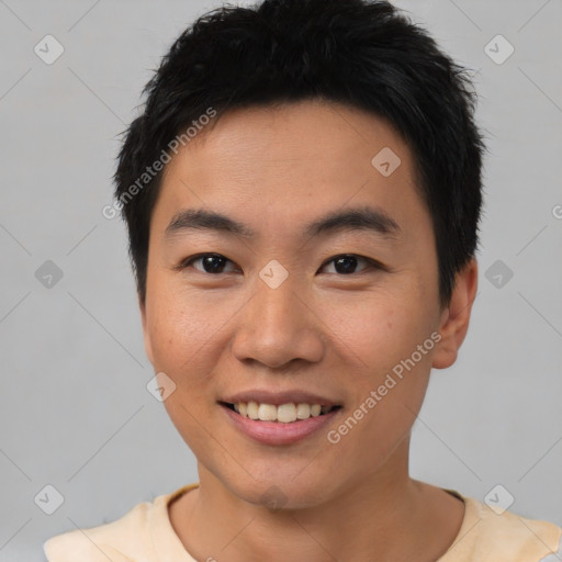 Joyful asian young-adult male with short  brown hair and brown eyes