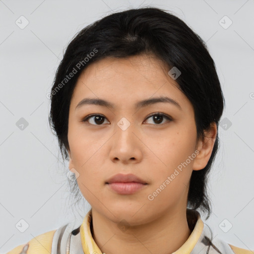 Neutral asian young-adult female with medium  black hair and brown eyes