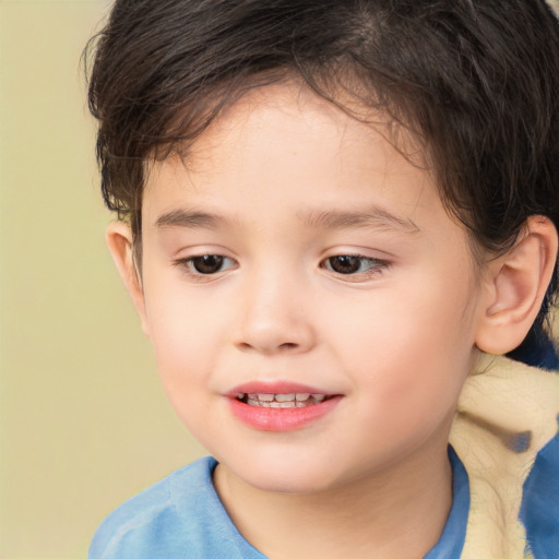 Joyful white child female with short  brown hair and brown eyes