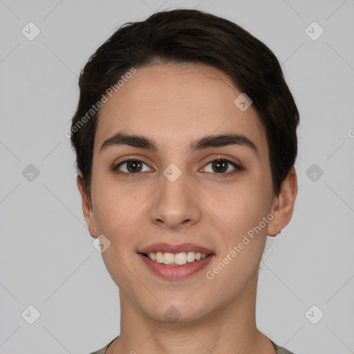 Joyful white young-adult female with short  brown hair and brown eyes