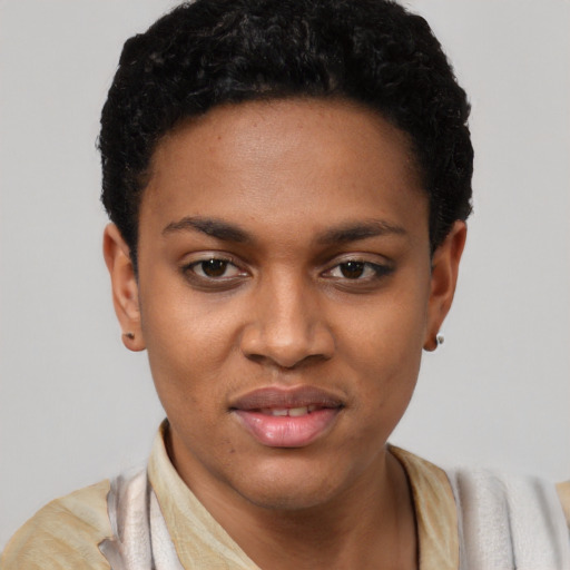 Joyful latino young-adult female with short  black hair and brown eyes