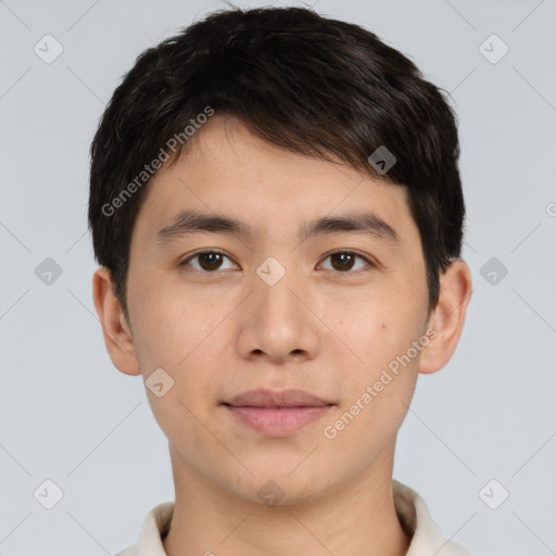 Neutral asian young-adult male with short  brown hair and brown eyes