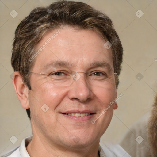 Joyful white middle-aged male with short  brown hair and brown eyes