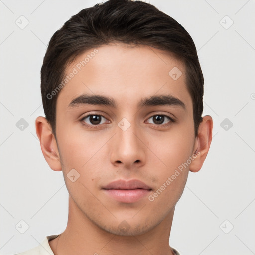 Neutral white young-adult male with short  brown hair and brown eyes