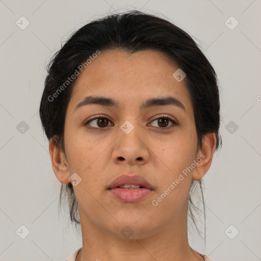 Neutral asian young-adult female with short  brown hair and brown eyes