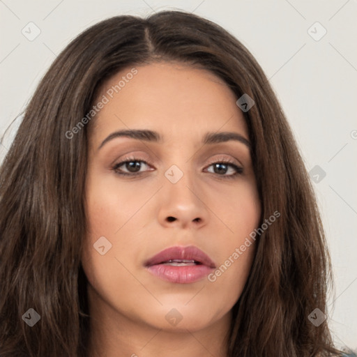 Neutral white young-adult female with long  brown hair and brown eyes