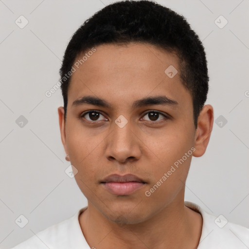 Neutral latino young-adult male with short  black hair and brown eyes