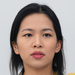 Neutral asian young-adult female with medium  brown hair and brown eyes