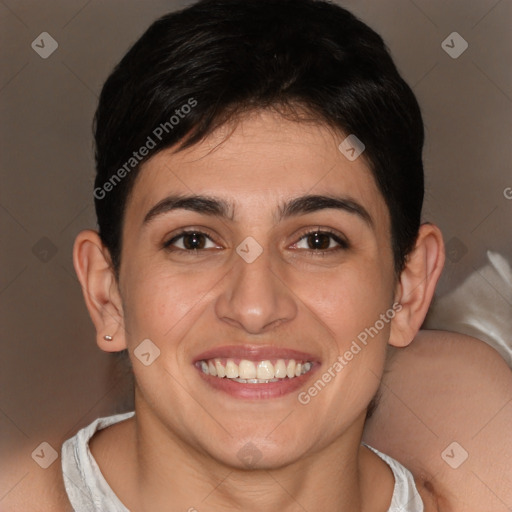 Joyful white young-adult female with short  brown hair and brown eyes