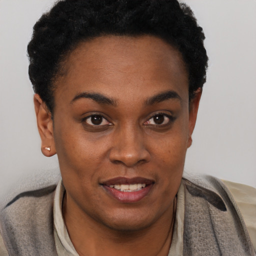 Joyful black young-adult female with short  brown hair and brown eyes
