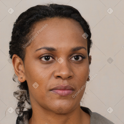 Neutral black young-adult female with medium  brown hair and brown eyes