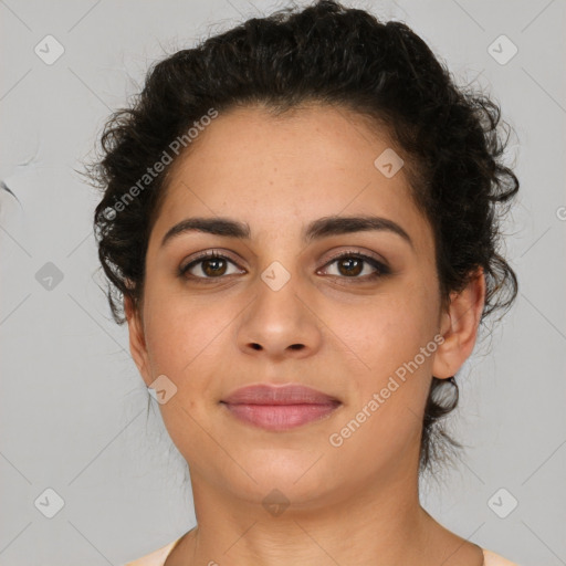 Joyful latino young-adult female with short  brown hair and brown eyes