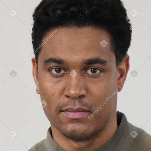 Neutral white young-adult male with short  black hair and brown eyes