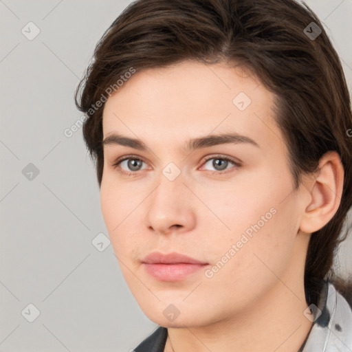 Neutral white young-adult female with medium  brown hair and brown eyes