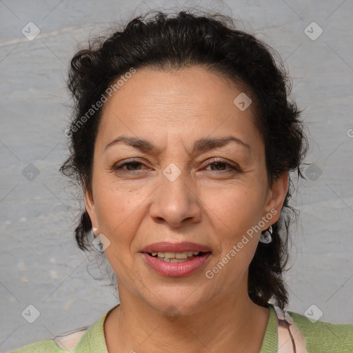 Joyful white adult female with short  brown hair and brown eyes