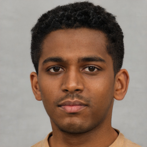 Neutral black young-adult male with short  black hair and brown eyes